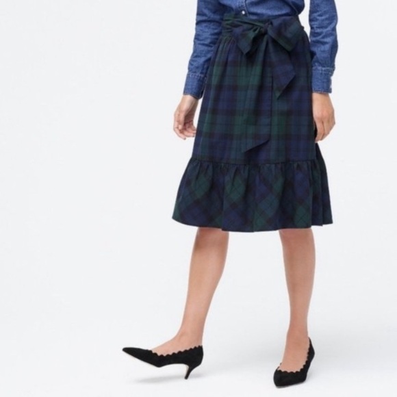 J. CREW Green Tartan Plaid‎ Bow Waist Midi Skirt size 2 Christmas holiday - Picture 3 of 10
